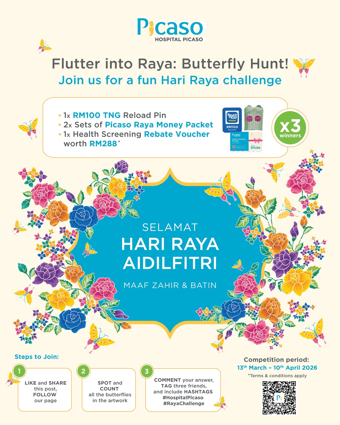Hari Raya 2026 Challenge: Butterfly Hunt poster with hidden objects to find and win prizes from Hospital Picaso, PJ