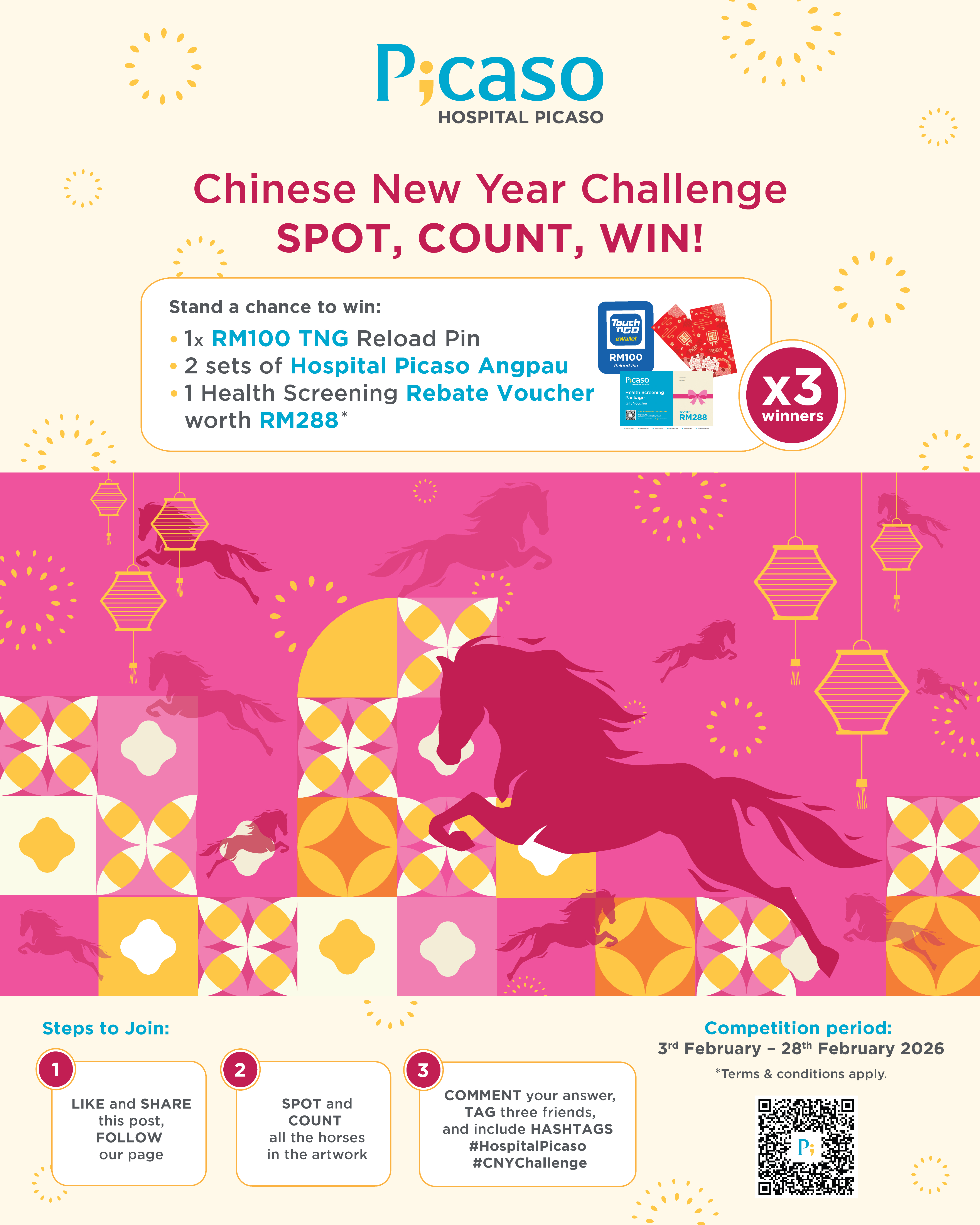 CNY 2026 Challenge: Visual puzzle poster showing hidden objects to find for prizes from Hospital Picaso